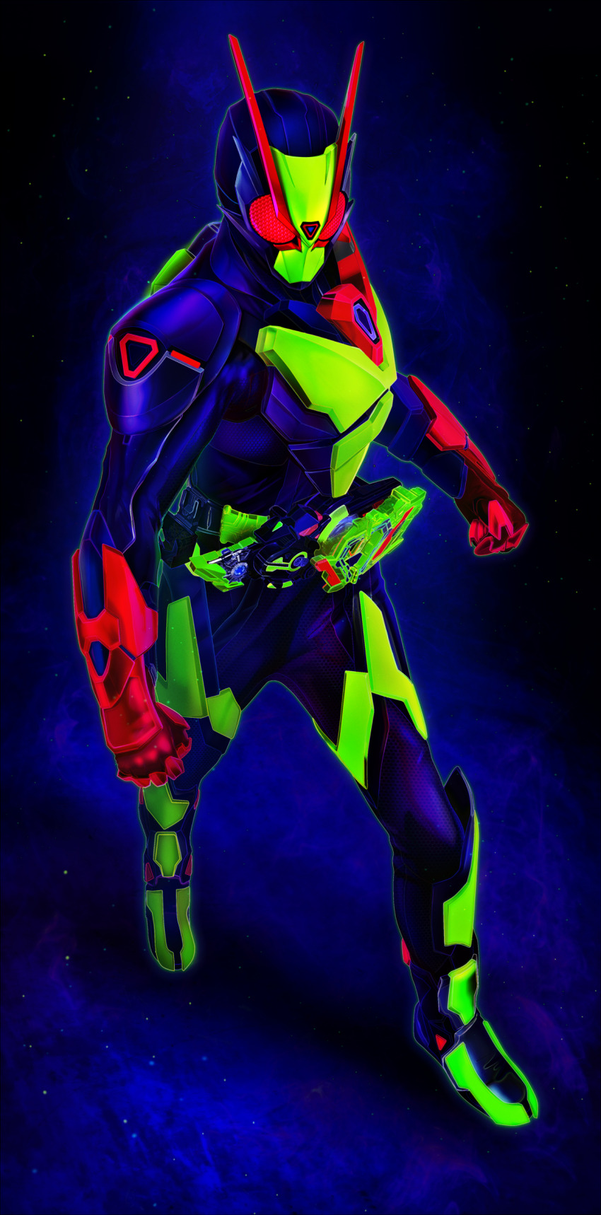 1boy absurdres antennae armor belt black_bodysuit bodysuit clenched_hands compound_eyes full_body gloves glowing glowing_armor glowing_eyes helmet highres horns kamen_rider kamen_rider_01_(series) kamen_rider_zero-one kamen_rider_zero-two long_sleeves looking_at_viewer male_focus masukudo_(hamamoto_hikaru) progrise_key red_eyes rider_belt solo tokusatsu zero_two_driver