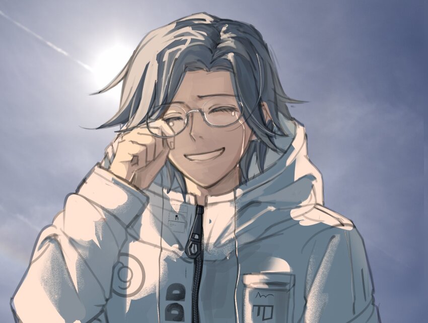 1boy aotsuki_eito closed_eyes crying fingernails glasses grey_background grey_hair grin hand_up highres jacket long_sleeves male_focus open_mouth smile solo solo_focus tears teeth the_hundred_line_-last_defense_academy- upper_body white_jacket zipper zipper_pull_tab