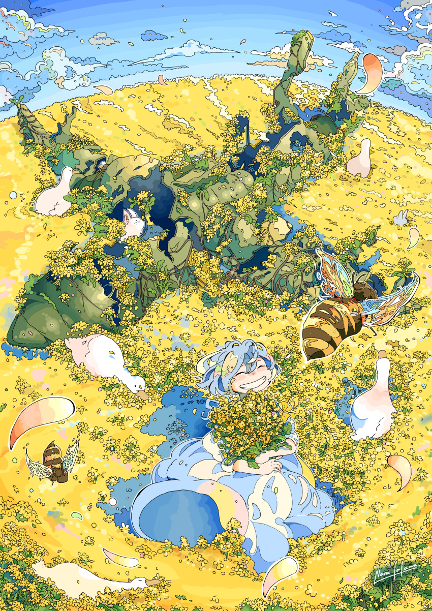 1girl ^_^ absurdres aircraft airplane bee bird blue_hair blue_skirt blue_sky blush_stickers bug bumblebee_(insect) closed_eyes cloud commentary_request double-parted_bangs falling_petals field flower goose grin hair_between_eyes highres holding holding_flower horizon insect long_skirt looking_at_viewer nara_lalana original overgrown petals ruins shirt short_hair short_sleeves skirt sky smile white_shirt yellow_flower