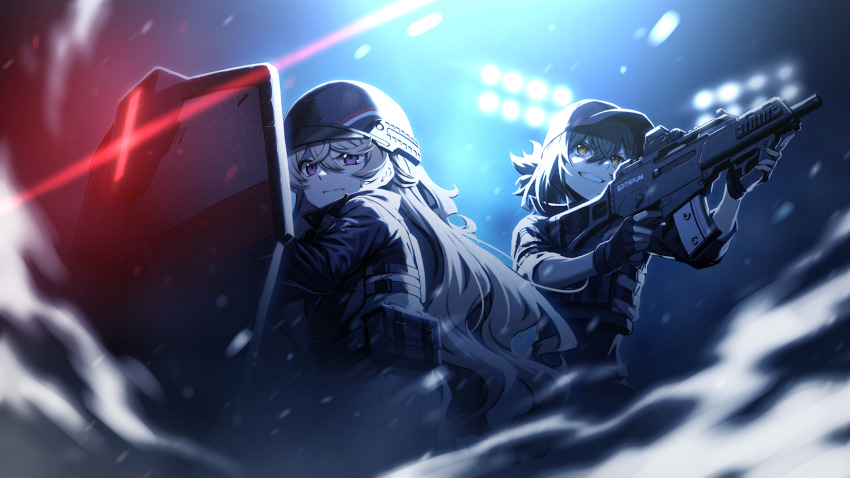 assault_rifle blonde_hair counter:side felicette_(counter:side) green_hair gun highres laika_(counter:side) purple_eyes rifle shield smirk team teamwork weapon yellow_eyes