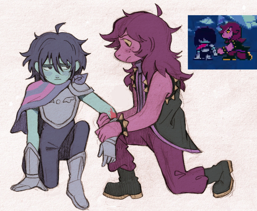 1girl 1other aqua_skin armor black_hair blood bracelet cape colored_skin deltarune furry furry_female highres jewelry kris_(dark_world)_(deltarune) kris_(deltarune) long_hair pink_cape pink_skin purple_hair reptile_girl spiked_bracelet spikes susie_(dark_world)_(deltarune) susie_(deltarune) szivarvanyturmix02 tomboy