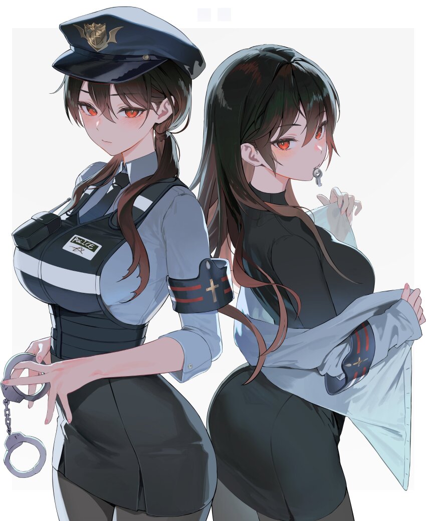 1girl absurdres ass black_hair black_necktie black_shirt black_skirt black_vest blush breasts closed_mouth collared_shirt cuffs double-parted_bangs fingernails grey_shirt handcuffs hat highres holding holding_handcuffs key large_breasts long_hair long_sleeves looking_at_viewer looking_back miniskirt multiple_views myabit necktie original pencil_skirt police police_hat police_uniform radio red_eyes shirt simple_background skirt twintails undressing vest white_background