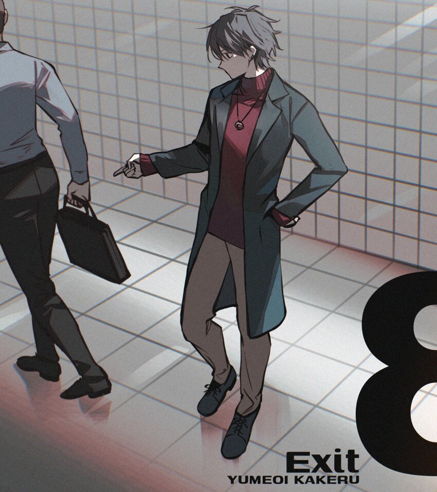 2boys absurdres bag black_coat black_footwear black_hair black_jacket black_pants brown_pants character_name coat earrings handbag highres iv_4t jacket jewelry long_sleeves multiple_boys nijisanji pants red_eyes red_sweater short_hair sleeves_past_wrists sweater the_exit_8 turtleneck turtleneck_sweater virtual_youtuber yumeoi_kakeru yumeoi_kakeru_(5th_costume)