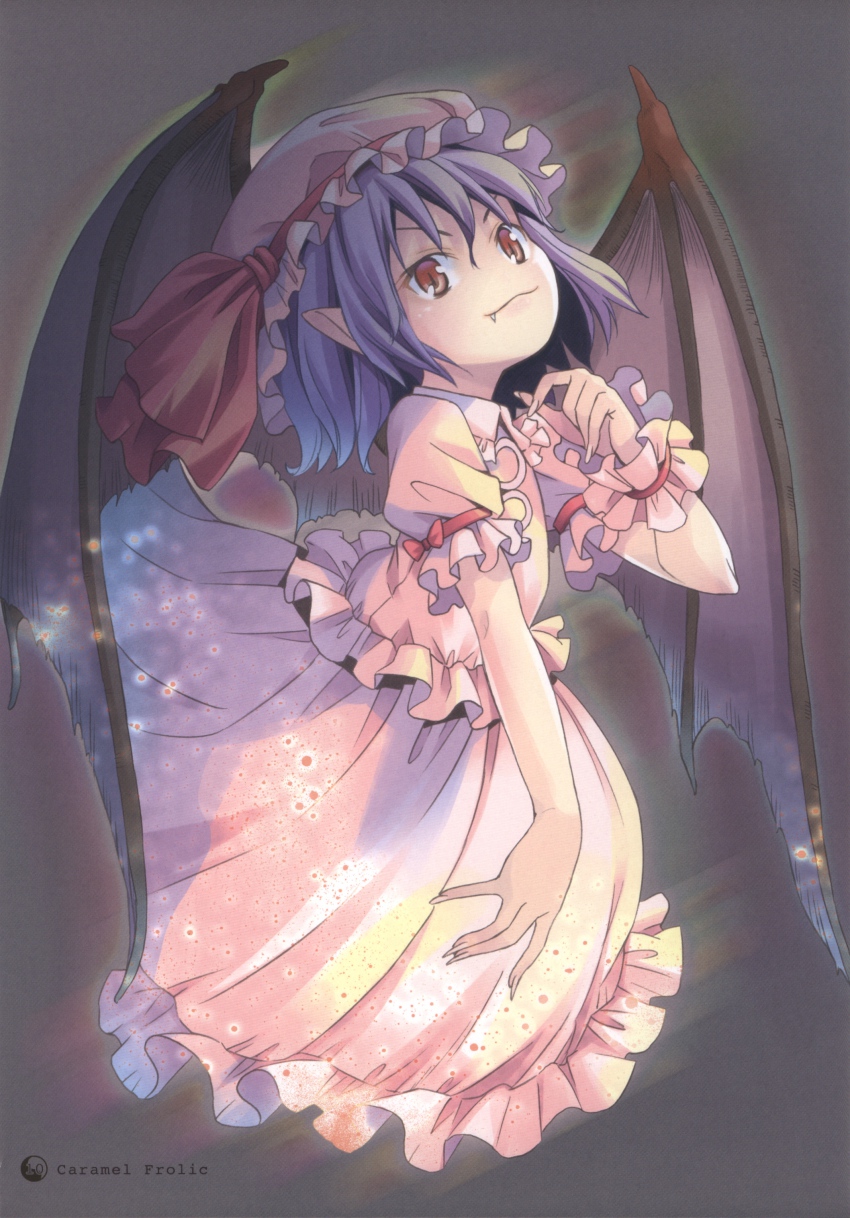 &gt;:3 1girl :3 absurdres bat_wings blood fang female_focus frills grey_background hat hat_ribbon highres light_purple_hair looking_at_viewer mob_cap pointy_ears pop puffy_sleeves red_eyes remilia_scarlet ribbon scan shirt short_hair short_sleeves simple_background skirt skirt_set smile solo touhou v-shaped_eyebrows vest wings wrist_cuffs