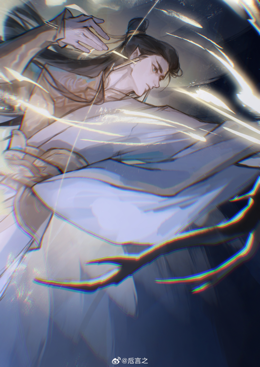 1boy absurdres blue_eyes bow_(weapon) brown_hair chinese_clothes chinese_commentary closed_mouth cowboy_shot drawing_bow facial_mark forehead_mark glowing_arrow hair_ribbon hanfu highres holding holding_bow_(weapon) holding_weapon long_hair long_sleeves looking_ahead low-tied_sidelocks lutong_(nezha_zhi_motong_jiangshi) male_focus nezha_zhi_motong_jiangshi pointy_ears ribbon sash sidelocks solo topknot watermark weapon weibo_watermark white_hanfu wide_sleeves yellow_hanfu yellow_ribbon yellow_sash zhi_yan_zhi