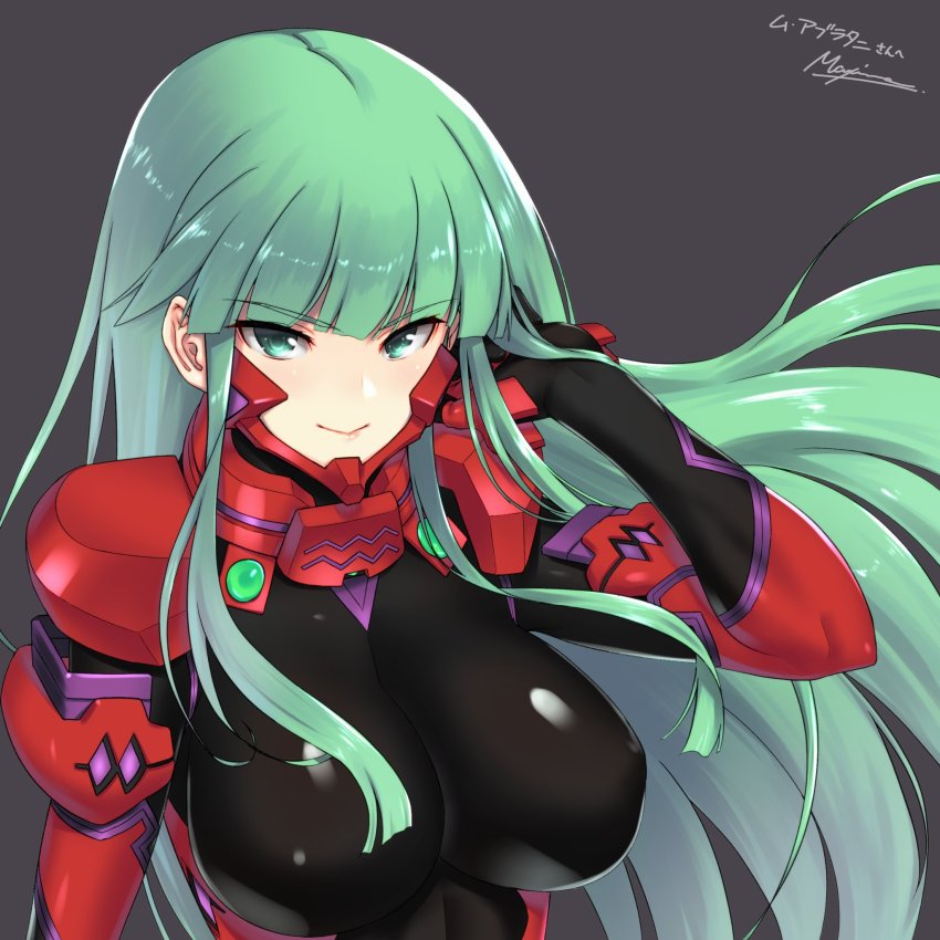 breasts commission covered_erect_nipples floating_hair fortified_suit green_eyes green_hair grey_background hair_behind_ear hand_in_own_hair highres large_breasts long_hair makishima_azusa mecha_pilot_suit muv-luv muv-luv_alternative pilot_suit second-party_source signature skeb_commission skin_tight smile tsukuyomi_mana upper_body v-shaped_eyebrows
