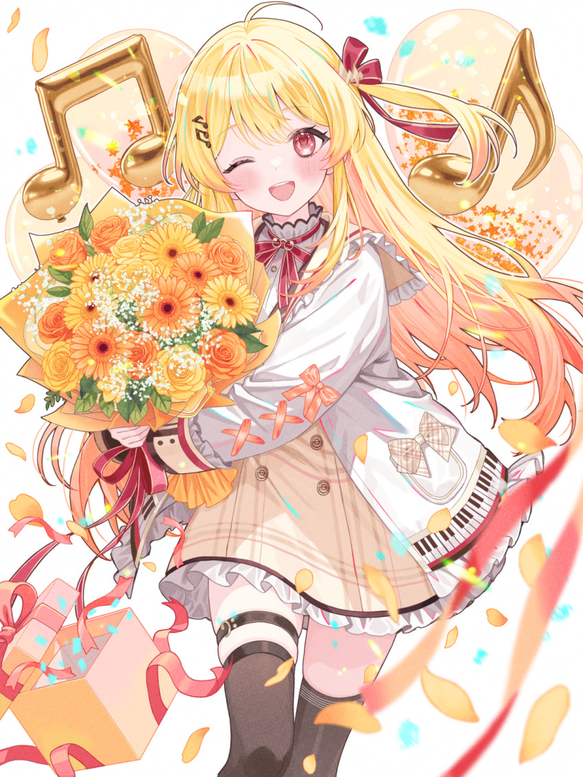 1girl ;d ahoge balloon beamed_eighth_notes blonde_hair bouquet box brown_dress brown_eyes brown_sailor_collar brown_thighhighs buttons commentary_request confetti cowboy_shot double-breasted double-parted_bangs dress eighth_note falling_petals flower fortissimo frilled_jacket frills gift gift_box gradient_hair hair_between_eyes hair_ornament hair_ribbon hairclip highres holding holding_bouquet hololive hololive_dev_is jacket long_hair long_sleeves looking_at_viewer multicolored_hair musical_note musical_note_hair_ornament one_eye_closed one_side_up open_mouth orange_hair otonose_kanade otonose_kanade_(1st_costume) petals piano_print plaid_clothes plaid_dress red_ribbon ribbon sailor_collar shirt sidelocks smile solo straight-on teeth thigh_strap thighhighs upper_teeth_only virtual_youtuber white_jacket white_shirt yuzuriha_(nx_e78)