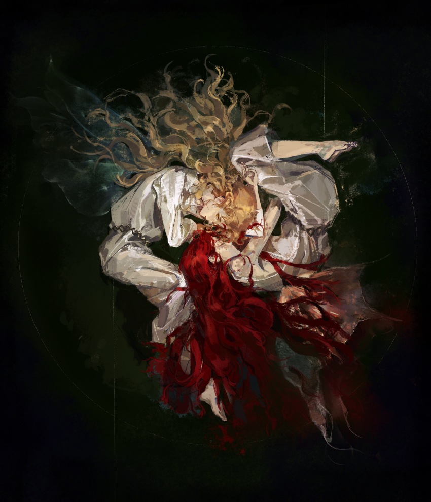 1boy 1girl absurdres bare_arms bare_shoulders barefoot black_background blonde_hair braid brother_and_sister closed_eyes curled_up dress elden_ring expressionless fairy_wings from_above full_body half_updo highres long_hair lying malenia_blade_of_miquella miquella_(elden_ring) on_side red_hair rotational_symmetry scar scar_on_arm scar_on_face siblings simple_background single_braid siyemmm sleeping transparent_wings wavy_hair white_dress wings yellow_eyes