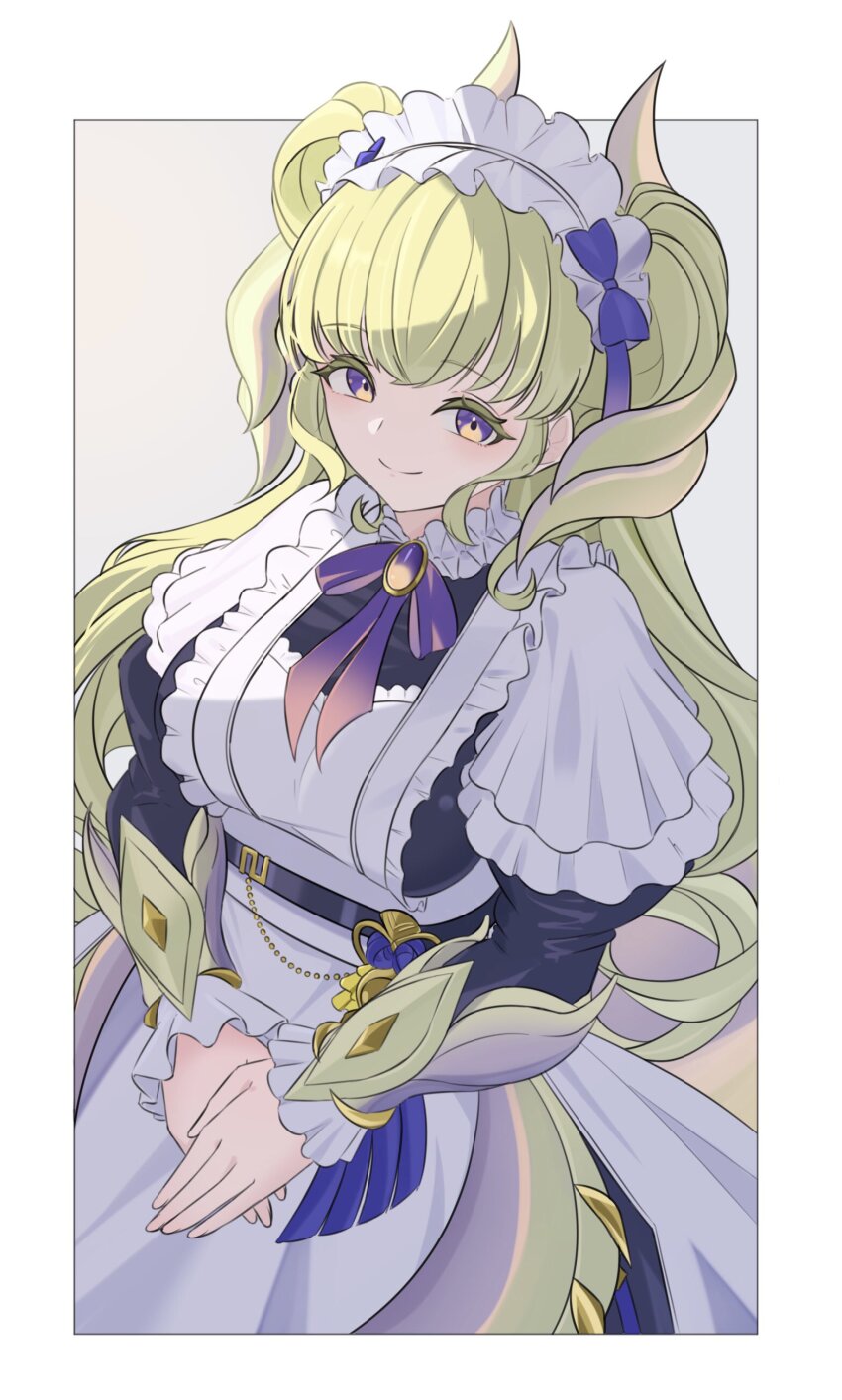 1girl absurdres apron blunt_bangs border bow bowtie dragon_girl dragon_horns dragon_tail duel_monster from_above heichi highres horns juliet_sleeves lace-trimmed_apron lace_trim light_blush light_smile long_sleeves looking_at_viewer maid maid_apron maid_headdress own_hands_together puffy_sleeves purple_eyes tail wa_maid white_border yellow_eyes yu-gi-oh! yu-gi-oh!_master_duel