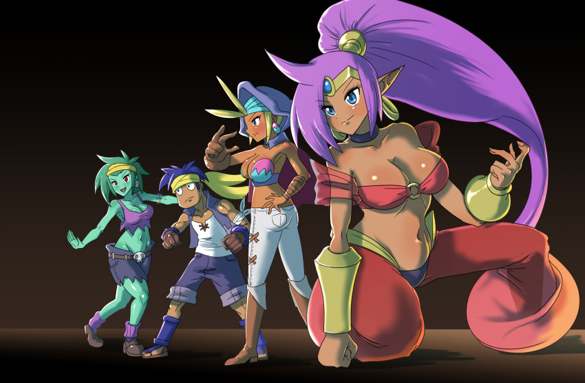 1boy 3girls ass bandana bell blonde_hair blue_eyes blue_hair bolo_(shantae) boots bracelet breasts brown_background dark-skinned_female dark-skinned_male dark_skin denim earrings full_body gloves gold gradient_background green_hair green_ski hand_on_own_hip highres hood jeans jewelry kneeling large_breasts multiple_girls navel o-ring pants pointy_ears purple_hair rottytops ruru_(sonicboom30813) shantae shantae_(series) shoes short_hair shorts skull sky_(shantae) vest