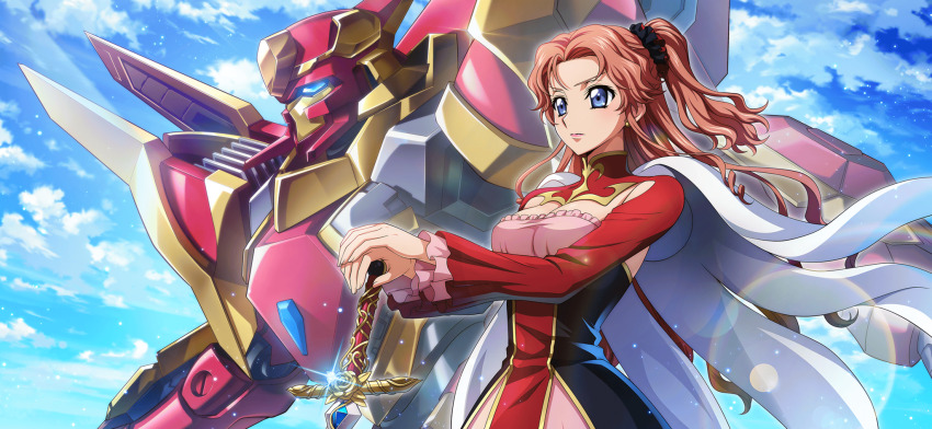 1girl artist_request black_scrunchie blue_eyes blue_gemstone blue_sky blush breasts cape cleavage closed_mouth cloud code_geass code_geass:_lost_stories code_geass:_soubou_no_oz day dress earrings female_focus forehead game_cg gem glint gold_trim hair_ornament hair_scrunchie hands_on_hilt hands_up highres holding holding_sword holding_weapon jewelry lancelot_(code_geass) lancelot_grail layered_sleeves lens_flare light_blush light_particles long_hair long_sleeves looking_afar marrybell_mel_britannia mecha medium_breasts military_uniform multicolored_dress non-web_source official_art orange_hair outdoors own_hands_together robot scrunchie serious shrug_(clothing) sky solo standing strapless strapless_dress stud_earrings sword upper_body v-shaped_eyebrows weapon white_cape