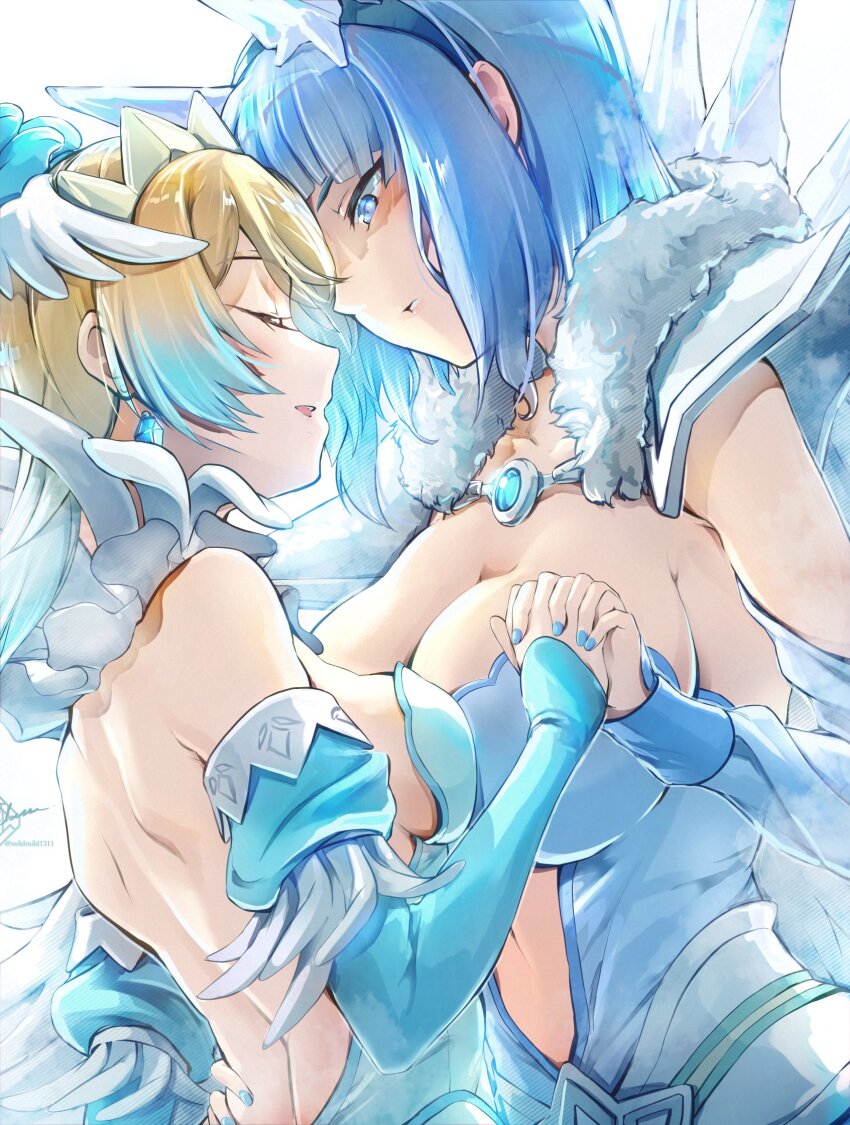 2girls bare_shoulders blonde_hair blue_eyes blue_hair breasts cape clear_glass_(mildmild1311) cleavage closed_eyes dress feather_cape feather_trim fire_emblem fire_emblem_heroes fjorm_(fire_emblem) fjorm_(ice_tribe)_(fire_emblem) highres holding_hands ice_horns interlocked_fingers large_breasts looking_at_another medium_breasts multiple_girls nail_polish nifl_(fire_emblem) nifl_(ice_tribe)_(fire_emblem) nintendo official_alternate_costume short_hair sideboob simple_background smile strapless strapless_dress white_background white_cape