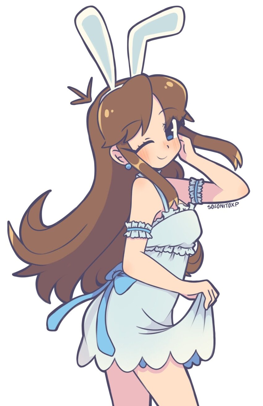 1girl alternate_costume animal_ear_hairband animal_ears blonde_hair blue_dress blue_eyes blush closed_mouth dress earrings fake_animal_ears green_(pokemon) hairband highres jewelry long_hair nintendo one_eye_closed pokemon pokemon_adventures simple_background smile sofo_soup solo white_background
