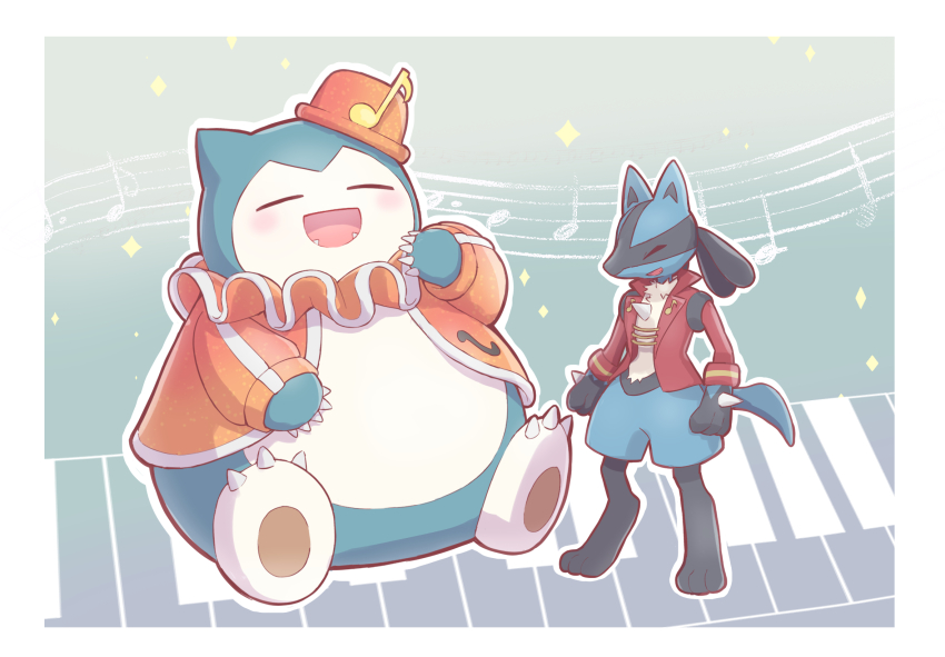 025sakura393 :d border claws closed_eyes clothed_pokemon commentary_request fangs gen_1_pokemon gen_4_pokemon hat highres jacket lucario lucario_(concert) musical_staff nintendo open_mouth orange_hat orange_jacket outline pokemon pokemon_(creature) pokemon_unite red_jacket sitting smile snorlax snorlax_(concert) sparkle standing white_border