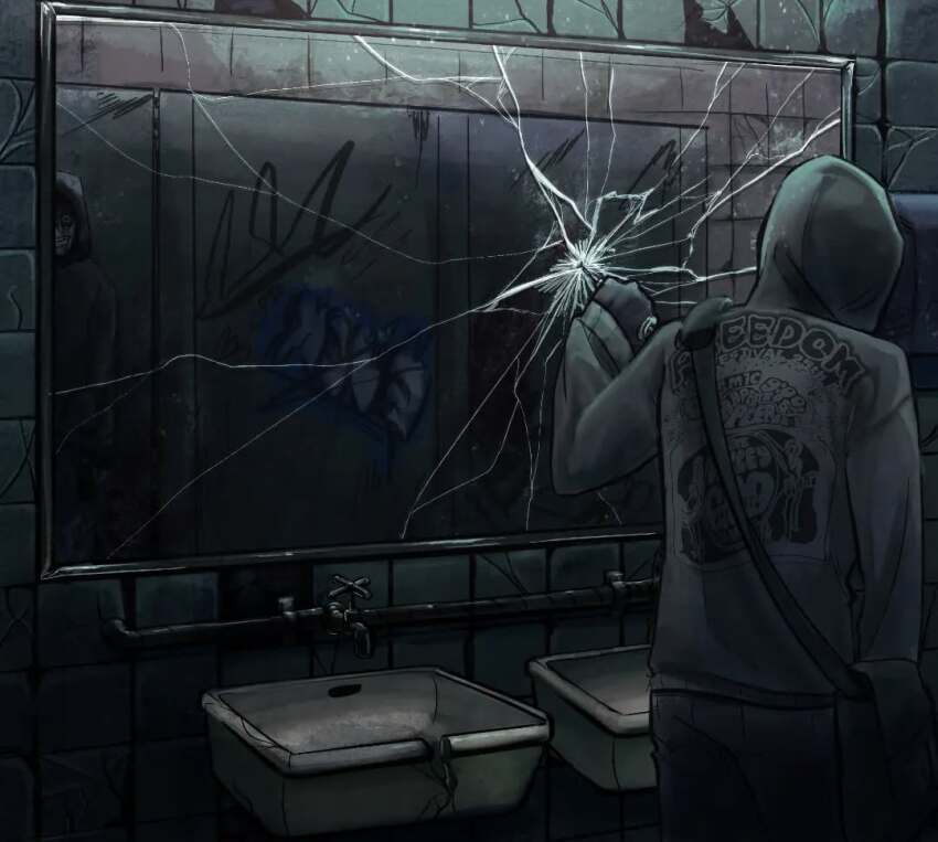 1boy attack bag bathroom black_gloves blood blood_on_face broken_glass broken_wall ceiling_light cowboy_shot crazy_grin cry_of_fear dark different_reflection dim_lighting dionaisque61043 dual_persona faucet glass gloves graffiti grey_hoodie hand_dryer holding holding_knife hood hood_up hoodie horror_(theme) knife light_particles male_focus out_of_frame print_hoodie reflection shoulder_bag simon_henriksson simon_henriksson_(book) sink tile_floor tile_wall tiles toilet_stall walking