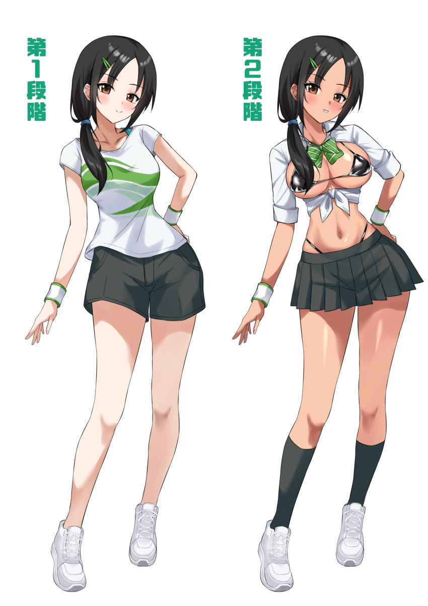 amesuku_gyaru aoki_kei bimbofication black_bra black_hair black_skirt bra brown_eyes collarbone gyaru hair_ornament hair_over_shoulder hairclip highres idolmaster idolmaster_cinderella_girls kogal kuroko_(user_jtty5588) long_hair looking_at_viewer parted_bangs pleated_skirt ponytail shirt shoes shorts skirt smile sneakers t-shirt tan tanline thong tied_shirt trainer_(idolmaster) underwear white_shirt wristband