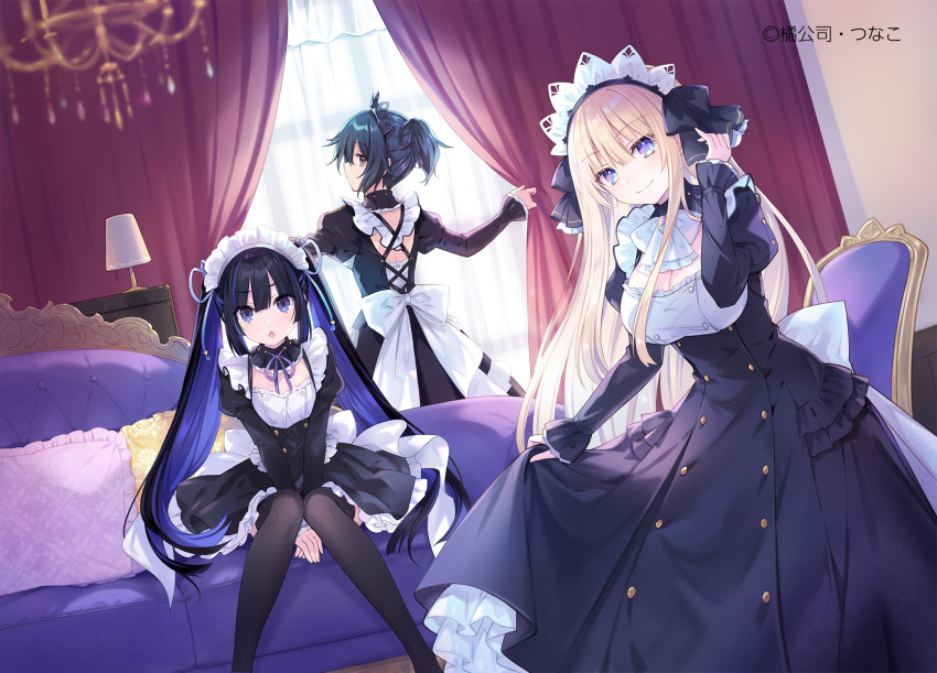 3girls artist_name black_hair blonde_hair blue_eyes blue_hair bow bowtie breasts brown_eyes cleavage couch curtains frills fuyajou_ruri highres jewelry karasuma_kuroe kuozaki_saika looking_at_viewer maid maid_headdress medium_breasts multicolored_eyes multicolored_hair multiple_girls neck_ribbon official_art ou-sama_no_propose ribbon thighhighs tsunako twintails waist_bow
