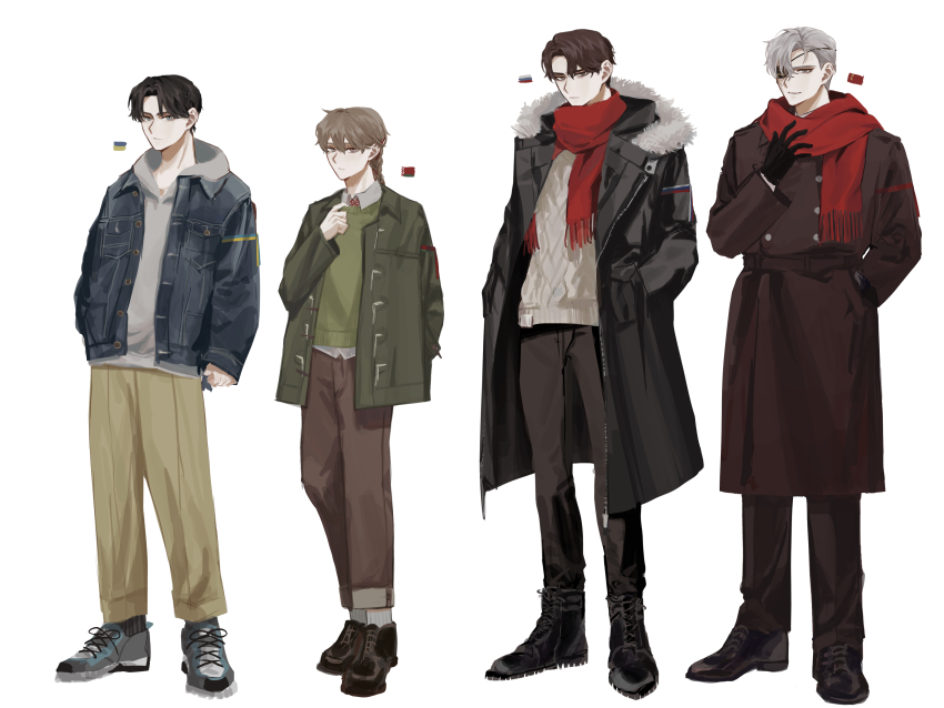 4boys absurdres belarus_(saboten92) belarusian_flag black_footwear blue_jacket boots brown_coat brown_pants brown_sweater coat eyepatch full_body green_coat highres jacket looking_at_viewer multiple_boys original pants personification red_scarf russia_(saboten92) russian_flag saboten92 scarf soviet_flag soviet_union_(saboten92) sweater ukraine_(saboten92) ukrainian_flag white_hair