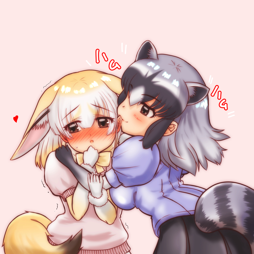 2girls absurdres animal_ears biting biting_ear black_hair blonde_hair blue_shirt blush bow bowtie breasts brown_eyes common_raccoon_(kemono_friends) droopy_ears extra_ears fennec_(kemono_friends) fox_ears fox_tail fur_collar gloves grey_hair hakumaiya heart highres hug kemono_friends large_breasts multicolored_hair multiple_girls open_mouth pink_sweater print_bow print_bowtie raccoon_ears raccoon_girl raccoon_tail shirt short-sleeved_sweater short_hair short_sleeves skirt smile striped_tail sweater tail white_hair yellow_bow yellow_bowtie yuri