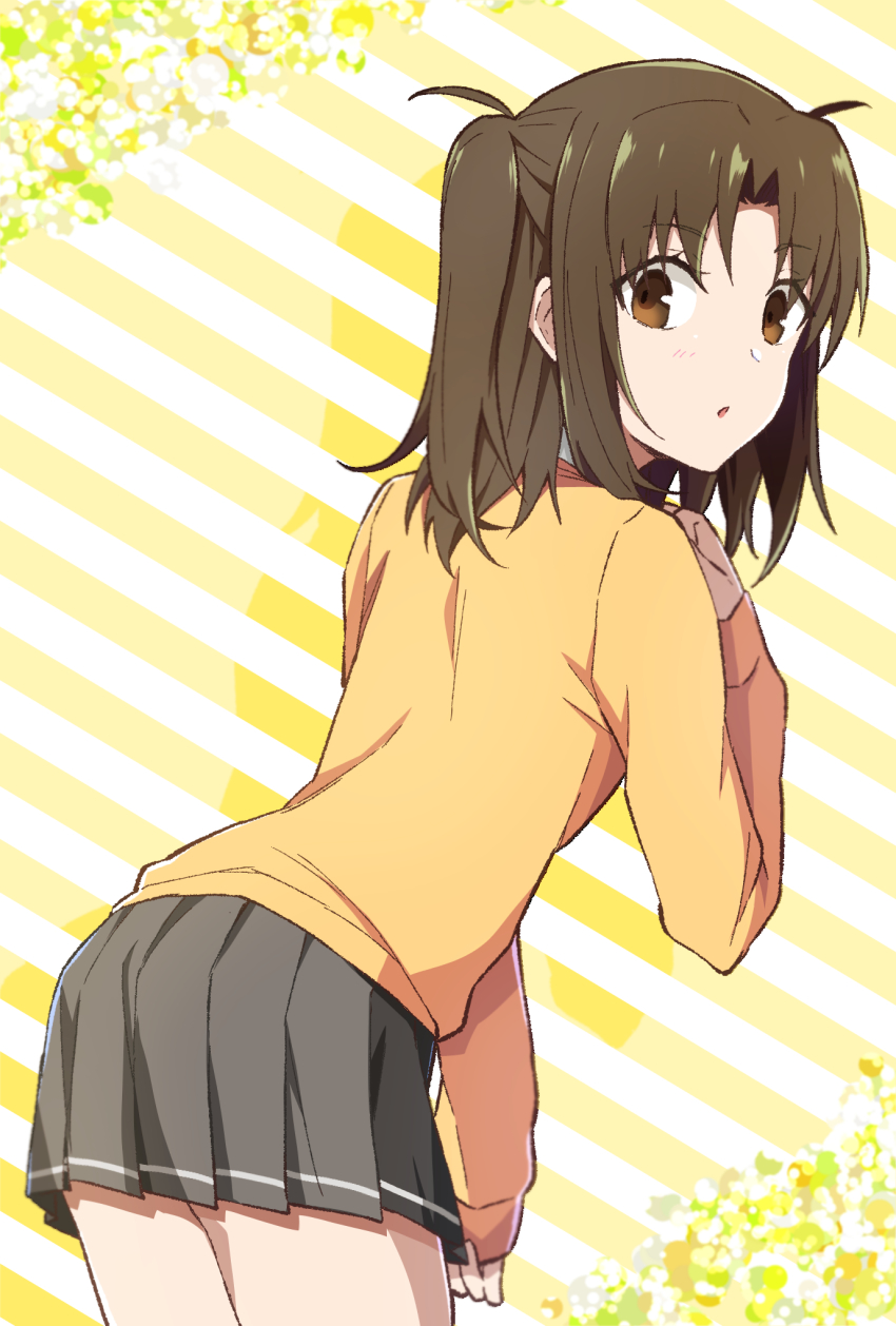 1girl azami_masurao brown_eyes brown_hair cardigan commentary_request grey_skirt highres long_hair long_sleeves looking_at_viewer miniskirt parted_bangs pleated_skirt school_uniform skirt sleeves_past_wrists solo tsukihime tsukihime_(remake) two_side_up yellow_cardigan yumizuka_satsuki