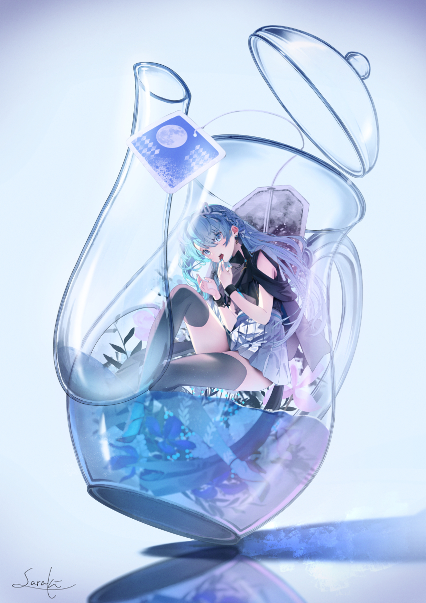 1girl black_dress black_thighhighs blue_eyes blue_hair blue_nails braid cuffs dress glass_teapot hairband handcuffs high-waist_skirt high_heels highres leaf looking_at_viewer nail_polish original pleated_skirt saraki shackles signature skirt solo tea teabag thighhighs tongue tongue_out water white_hairband