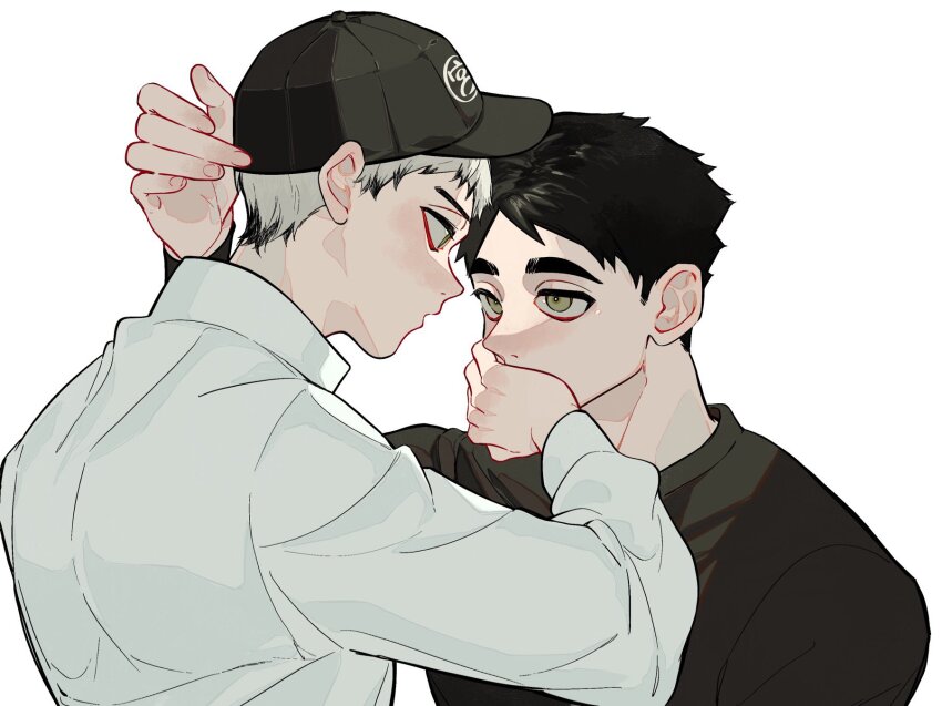 2boys arm_up baseball_cap black_hair black_hat black_shirt brown_eyes coco_(238243) collared_shirt commentary fingernails grey_eyes grey_hair haikyuu!! hand_on_another&#039;s_mouth hat highres kita_shinsuke long_sleeves male_focus miya_osamu multicolored_hair multiple_boys open_mouth parted_bangs shirt sideburns simple_background symbol-only_commentary t-shirt thick_eyebrows upper_body white_background white_shirt