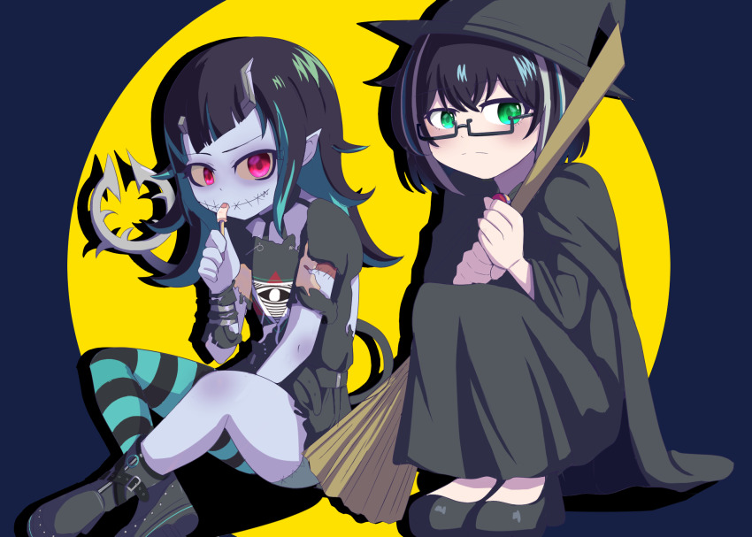 2girls alternate_costume animare black-framed_eyewear black_dress black_footwear black_hair black_thighhighs blue_hair blue_thighhighs blush boots breasts broom closed_mouth commentary_request demon_girl demon_horns demon_tail dress eye_of_providence flat_chest full_body glasses green_eyes halloween halloween_costume hat highres holding holding_broom horns long_hair looking_at_viewer multicolored_hair multiple_girls nanashi_inc. official_alternate_costume oura_rukako pale_skin pointy_ears rectangular_eyewear red_eyes rokusuke_nonaka semi-rimless_eyewear shishio_chris shishio_chris_(3rd_costume) short_hair sitting small_breasts squatting stitches streaked_hair striped_clothes striped_thighhighs sugar_lyric tail thighhighs torn_clothes torn_dress two-tone_hair under-rim_eyewear virtual_youtuber white_hair witch witch_hat zombie zombification