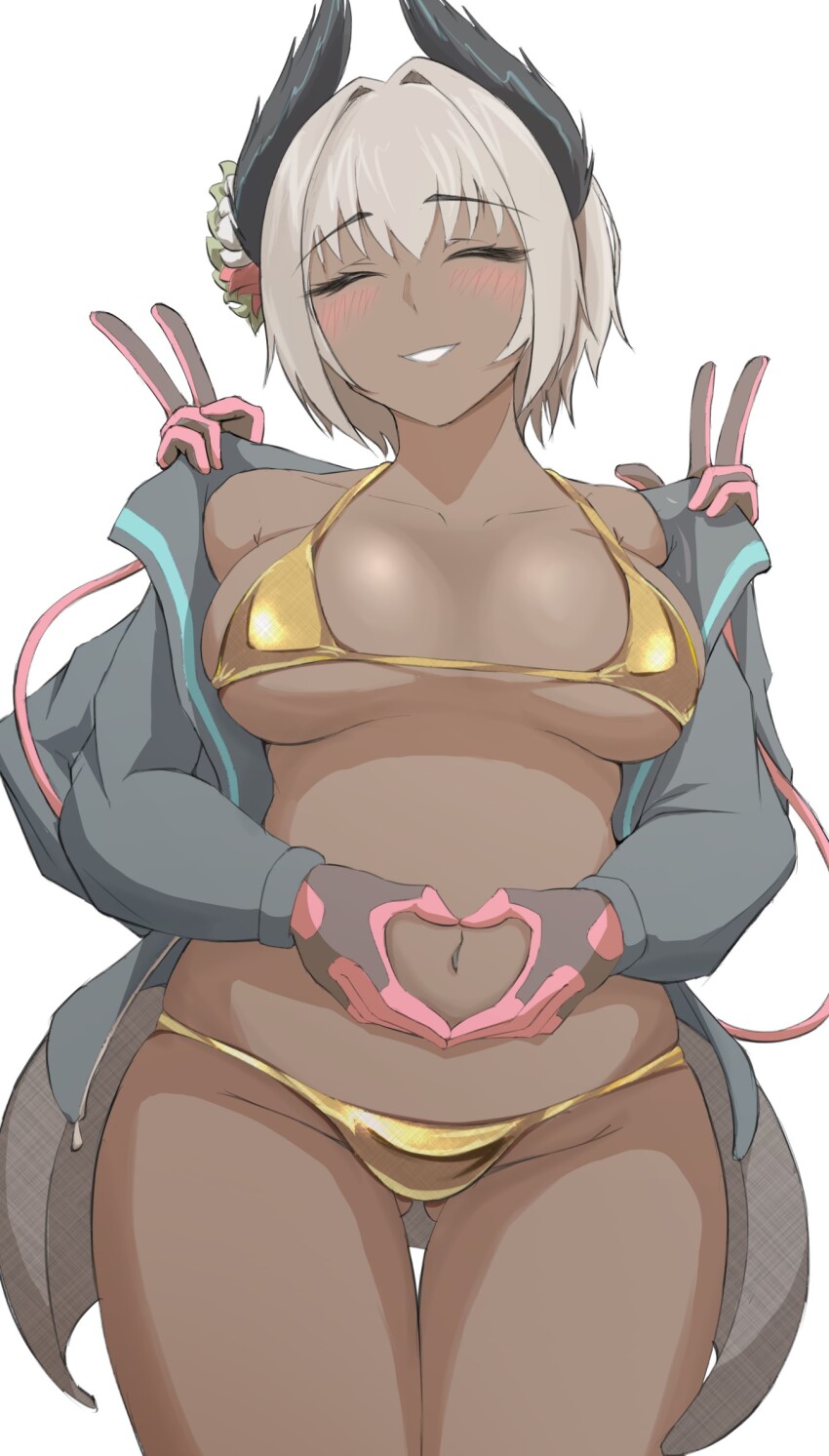 1girl arknights bikini black_hair blush breasts closed_eyes cowboy_shot dark-skinned_female dark_skin double_v extra_arms facing_viewer gloves gluteal_fold gold_bikini grey_hair groin hair_horns hair_ornament hands_up heart heart_hands highres hockcqqdmc6864 jacket large_breasts long_sleeves multicolored_hair navel open_clothes open_jacket raidian_(arknights) short_hair skindentation smile solo straight-on swimsuit swimsuit_under_clothes thigh_gap thighhighs two-tone_hair v