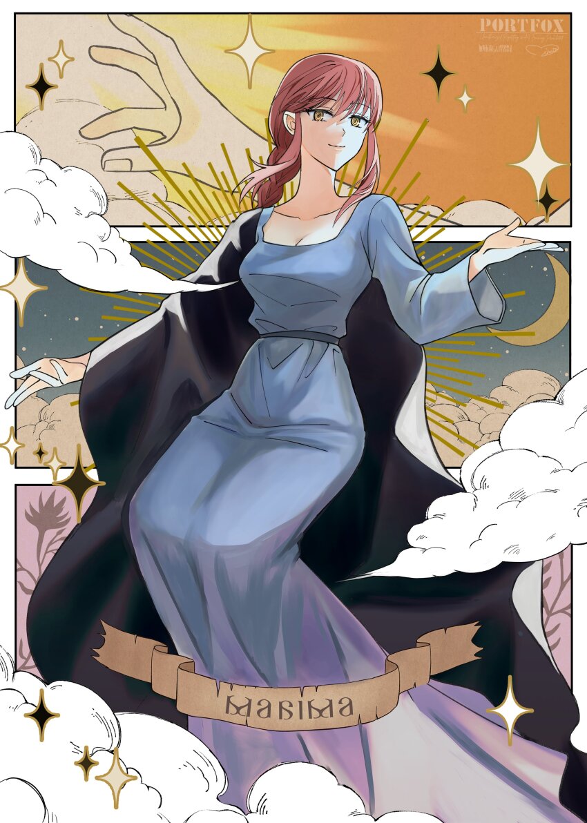 1girl absurdres blue_dress braid breasts chainsaw_man character_name cleavage closed_mouth cloud commentary_request crescent_moon dress hand_up highres long_dress long_hair looking_at_viewer makima_(chainsaw_man) medium_breasts minato_x3710 moon red_hair ringed_eyes single_braid smile solo yellow_eyes