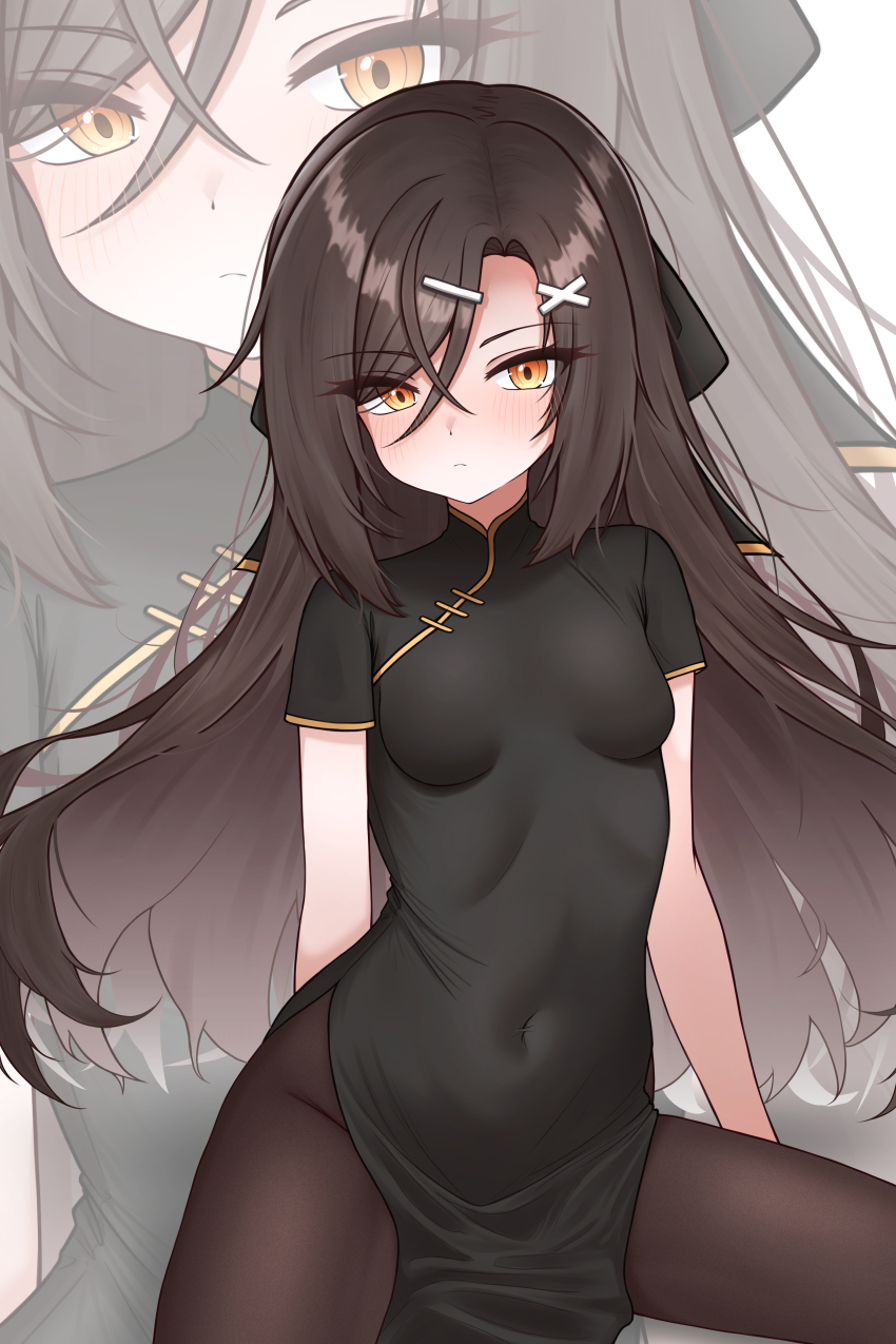 1girl absurdres arm_behind_back black_dress breasts brown_hair brown_pantyhose china_dress chinese_clothes christina_brecht closed_mouth counter:side covered_navel dress hair_between_eyes hair_ornament hairclip highres long_hair looking_at_viewer pantyhose pelvic_curtain rladnr6 short_sleeves small_breasts x_hair_ornament yellow_eyes zoom_layer