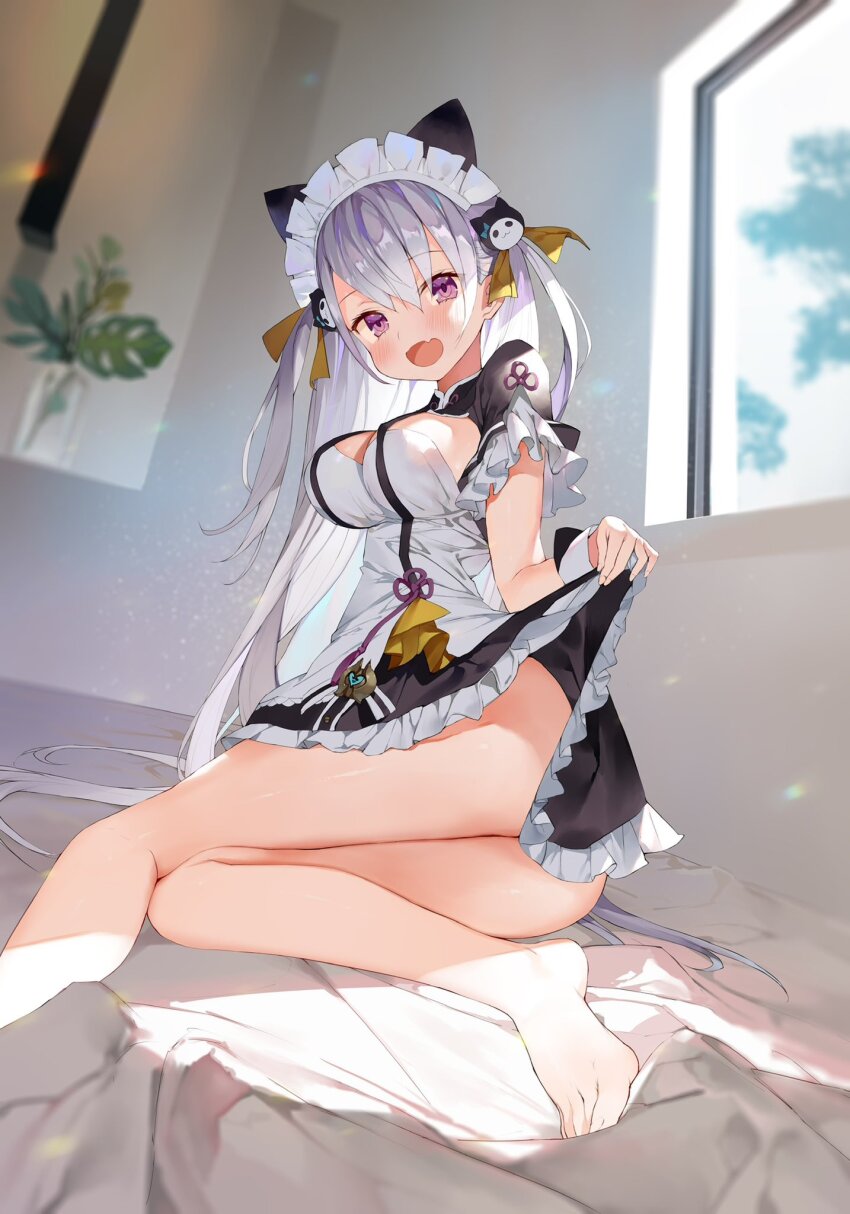 1girl animal_ears ass bare_legs barefoot bed_sheet black_dress blurry blurry_background blush breasts clothes_lift commentary_request convenient_censoring depth_of_field dress dress_lift dutch_angle fake_animal_ears fang feet foot_out_of_frame foreshortening frilled_sleeves frills from_side gaou_(umaiyo_puyoman) grey_hair hair_between_eyes hair_ornament hair_ribbon highres hourei_tenten impossible_clothes indoors knees_together_feet_apart large_breasts leaning_to_the_side legs long_hair looking_at_viewer maid maid_headdress melty+ multicolored_hair open_mouth plant potted_plant purple_eyes purple_hair ribbon shiny_skin short_dress short_sleeves sidelocks sitting skin_fang solo streaked_hair thighs toenails toes two_side_up virtual_youtuber window yellow_ribbon yokozuwari