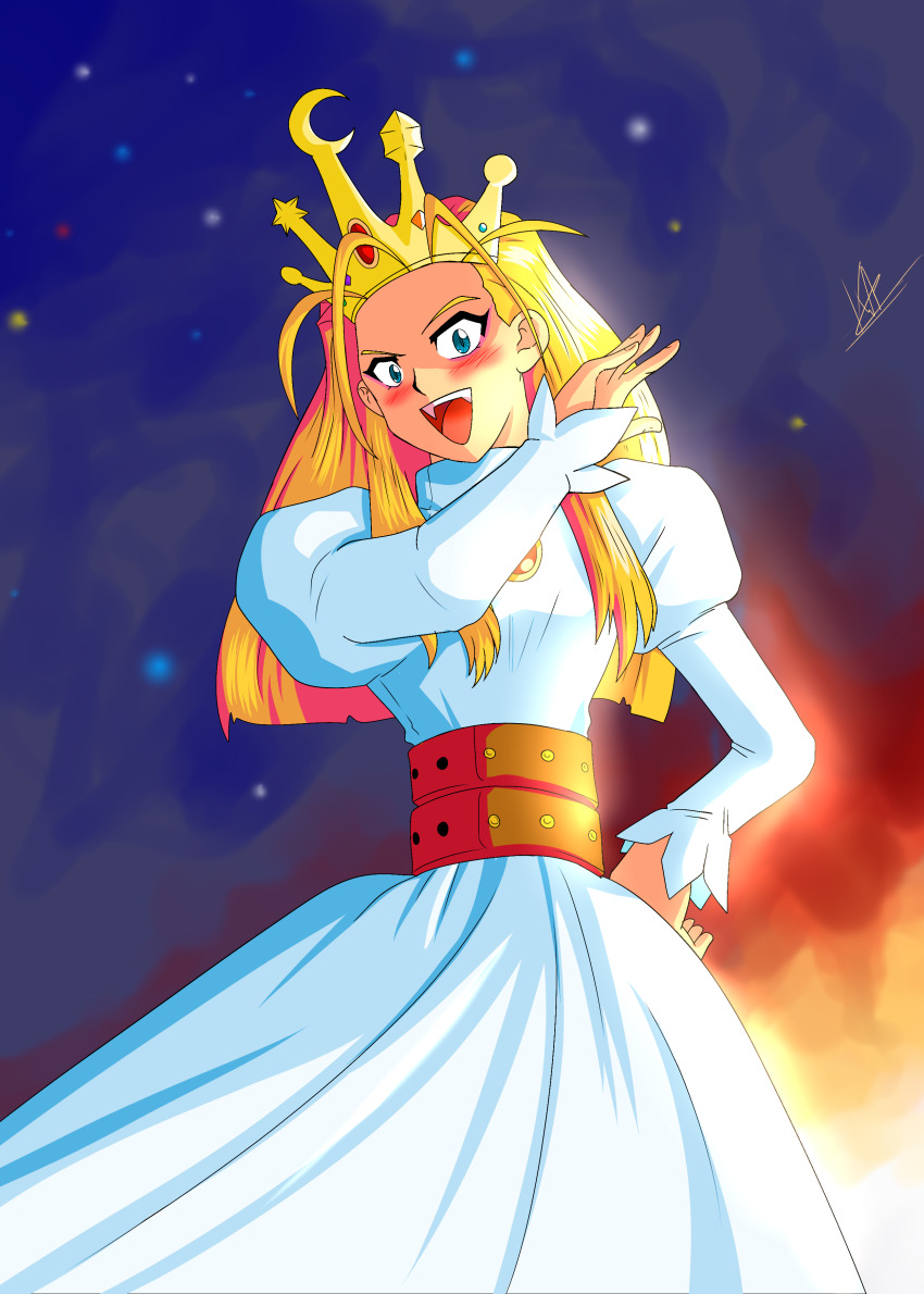 1girl absurdres antenna_hair blonde_hair blue_eyes corset crescent crown cyberbots devilot_de_deathsatan_ix dress evil_smile grey_background grin highres logo long_hair long_sleeves shinzankuro smile solo star_(sky) twitter_username white_dress