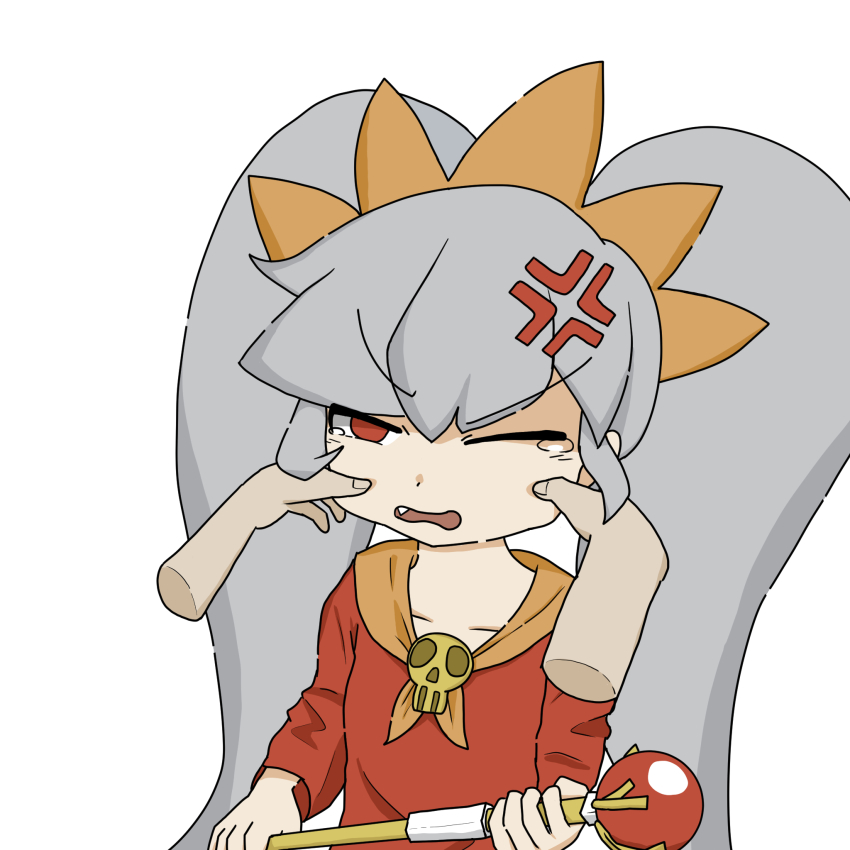 1girl 1other anger_vein annoyed ashley_(warioware) brooch cheek_pinching collarbone disembodied_hand dress fang hair_between_eyes hairband half-closed_eye highres holding holding_wand jewelry long_hair neckerchief nintendo one_eye_closed open_mouth orange_hairband orange_neckerchief pinching red_dress red_eyes simple_background skull_brooch solo_focus tearing_up twintails upper_body v-shaped_eyebrows wand warioware white_background white_hair