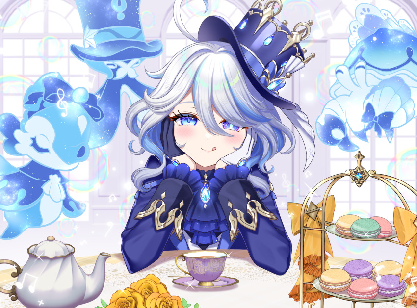 1girl ahoge ascot asymmetrical_gloves blue_ascot blue_eyes blue_gloves blue_hair blue_hat blue_jacket blush brooch cup food furina_(genshin_impact) genshin_impact gloves hat highres indoors jacket jewelry macaron mismatched_gloves multicolored_hair solo streaked_hair tateko25wiz teacup teapot tiered_tray top_hat upper_body white_gloves white_hair window