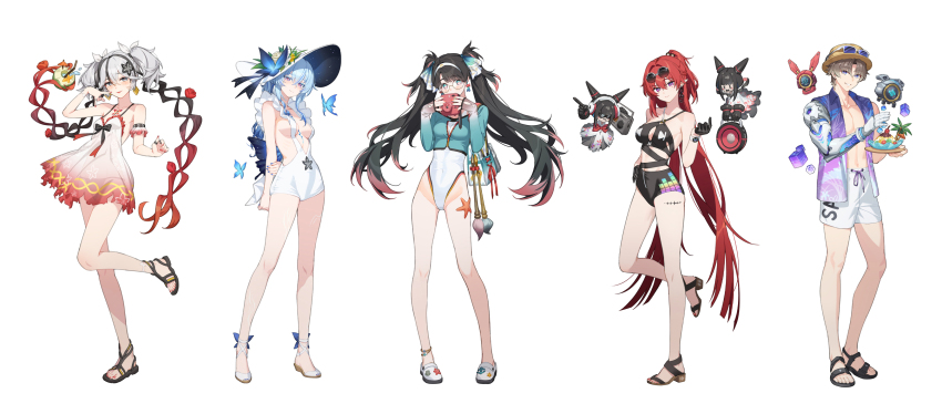 1boy 4girls :p absurdres adapted_costume alternate_costume aqua_bag aqua_eyes aqua_shirt armpit_crease bare_legs bare_shoulders bikini black_bikini black_eyes black_flower black_gloves black_hair blake_bloom_(wuthering_waves) blue_butterfly blue_eyes blue_hair blue_nails blue_pupils blush breasts brown_hair brown_hat bug butterfly camellia camellya_(wuthering_waves) camera carrying center_opening circle_facial_mark closed_mouth clothing_request collarbone colored_eyelashes commentary covered_navel dl_(dl_6ix) dress earrings eyewear_on_head eyewear_on_headwear facial_mark feet flower food_request full_body glasses gloves gold_earrings hair_between_eyes hair_flower hair_ornament hair_ribbon hair_vines hairband hand_on_own_hip hand_up hat hat_flower hat_ornament highres holding holding_camera holding_own_arm holding_plate insect jewelry large_breasts legs leotard long_hair looking_at_viewer male_focus male_swimwear mark_under_both_eyes mechanical_arms mechanical_hands medium_breasts multicolored_eyes multiple_girls multiple_rings nail_polish navel over-rim_eyewear paintbrush parted_bangs pink_eyes pink_hair plate pointy_ears ponytail purple_eyes red_hair red_nails red_pupils ribbon ring round_eyewear sandals see-through_clothes see-through_dress semi-rimless_eyewear shirt shorekeeper_(wuthering_waves) short_hair short_twintails shorts shoulder_carry simple_background single_mechanical_arm single_mechanical_hand smile standing stomach stud_earrings sunglasses swimsuit symbol-only_commentary tacet_mark_(wuthering_waves) toenail_polish toenails toes toned toned_male tongue tongue_out twintails two-tone_eyes very_long_hair watch white-framed_eyewear white_background white_dress white_footwear white_hair white_hairband white_hat white_leotard white_male_swimwear white_ribbon white_shorts wristwatch wuthering_waves xiangli_yao_(wuthering_waves) yellow-framed_eyewear yinlin_(wuthering_waves) zapstring_(wuthering_waves) zhezhi_(wuthering_waves)