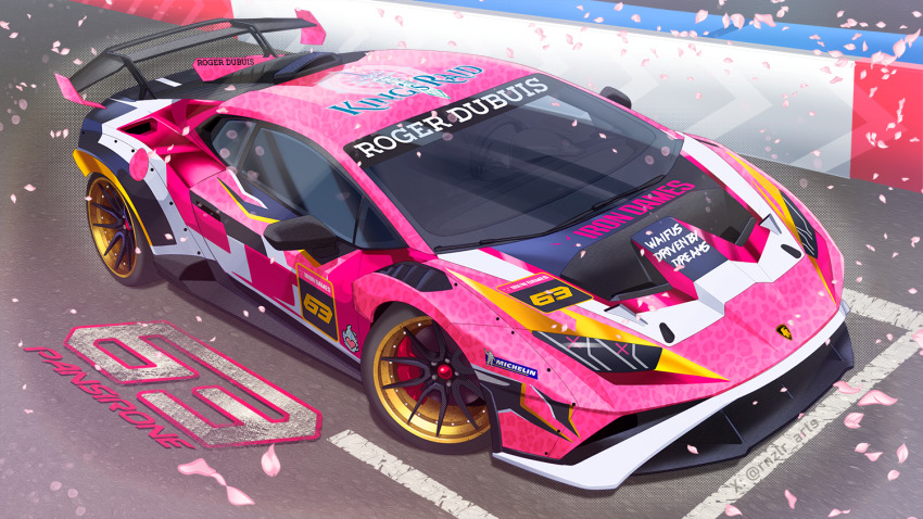 car character_name copyright_name imrinzlergtz_art iron_lynx king&#039;s_raid lamborghini lamborghini_huracan lamborghini_super_trofeo michelin michelin_man motor_vehicle no_humans pink_car race_vehicle racecar racetrack shadow spoiler_(automobile) sports_car vehicle_focus
