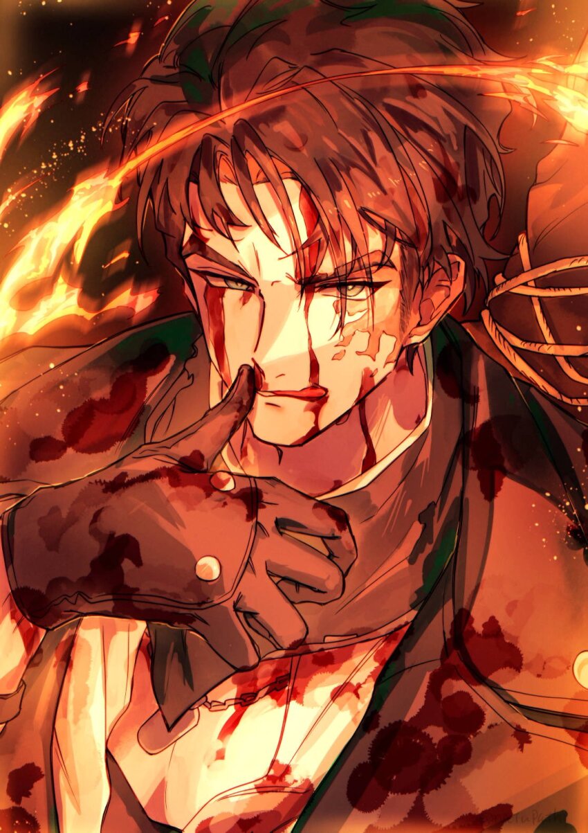 1boy :q black_gloves black_hair black_jacket blood blood_on_clothes blood_on_face blood_on_hands blue_neckerchief burn_scar dark_background fire gloves half-closed_eyes hand_up highres j_(reverse:1999) jacket looking_at_viewer male_focus natupath_summer neckerchief red_theme reverse:1999 scar scar_on_face short_hair solo thumb_to_mouth tongue tongue_out uneven_eyes upper_body v-shaped_eyebrows weapon weapon_on_back