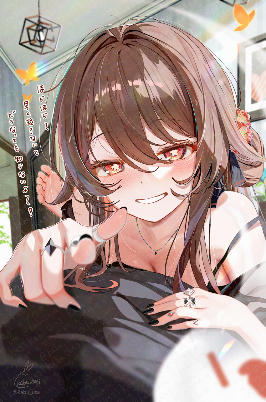 1girl bare_shoulders barefoot blush breasts brown_hair cleavage feet flower-shaped_pupils genshin_impact hair_between_eyes highres hu_tao_(genshin_impact) indoors jewelry kabu_usagi long_hair looking_at_viewer multiple_rings open_mouth pointing pointing_at_viewer red_eyes ring smile solo symbol-shaped_pupils twintails very_long_hair