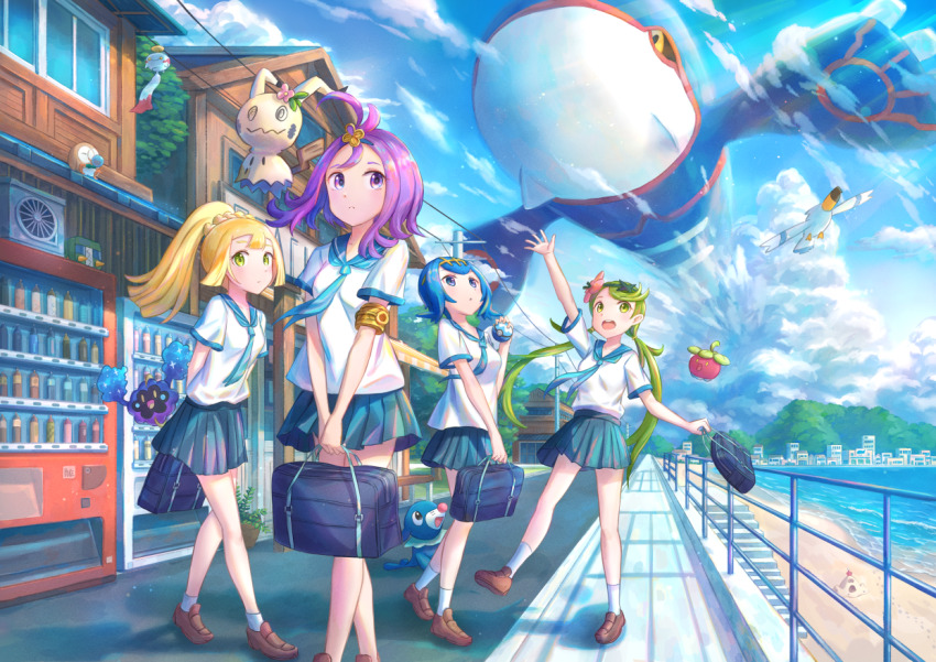 4girls acerola_(pokemon) alternate_costume arm_up armlet bag beach bending_machine blonde_hair blue_hair blue_sky bounsweet brown_footwear charjabug chimecho closed_mouth cloud commentary_request cosmog day dive_ball fence gen_3_pokemon gen_7_pokemon green_eyes green_hair holding holding_bag holding_poke_ball jewelry kutsunohito kyogre lana_(pokemon) legendary_pokemon lillie_(pokemon) long_hair looking_up mallow_(pokemon) mimikyu multiple_girls nintendo outdoors pleated_skirt poke_ball pokemon pokemon_sm ponytail popplio purple_hair rowlet sailor_collar sand sandygast school_uniform shirt shoes shore short_sleeves skirt sky socks standing swept_bangs twintails vending_machine white_shirt wingull