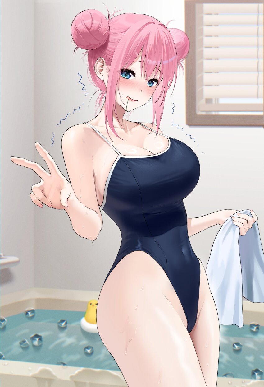 1girl absurdres ayoni_623 bathroom bathtub blue_eyes blush bocchi_the_rock! breasts cleavage collarbone covered_navel furrowed_brow gotoh_hitori hair_bun highres ice ice_cube large_breasts one-piece_swimsuit pink_hair saliva school_swimsuit solo swimsuit towel v water wet