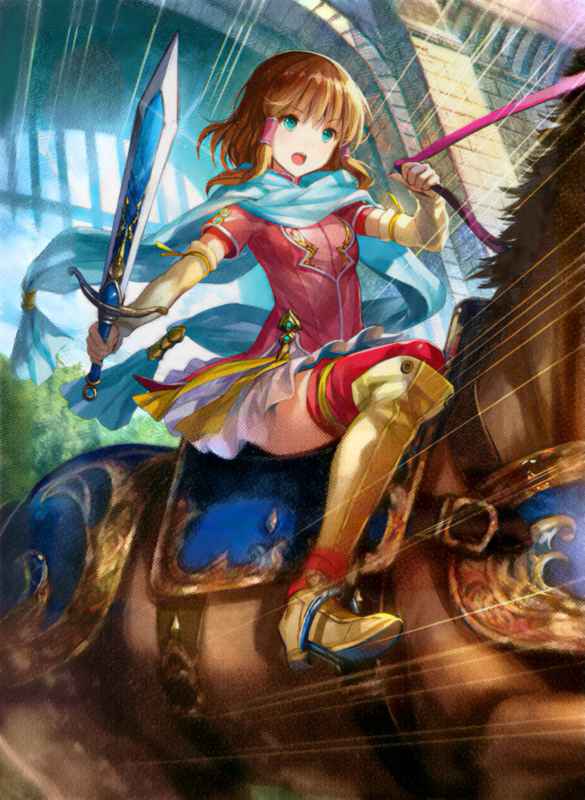 1girl boots brown_hair commentary fire_emblem fire_emblem:_path_of_radiance fire_emblem_cipher fuzichoco hair_tubes highres holding holding_reins holding_sword holding_weapon horse horseback_riding knee_boots mist_(fire_emblem) motion_lines nintendo official_art open_mouth reins riding riding_boots scan skirt solo sword third-party_source weapon