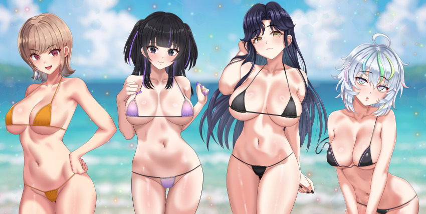 4girls :d absurdres aqua_hair bikini black_bikini black_hair black_nails blonde_hair blue_sky blurry blurry_background blush breasts breasts_apart brown_hair cleavage closed_mouth cloud collarbone commentary_request cowboy_shot day dolphin_wave green_hair grey_hair hand_on_own_hip hands_up hanihara_haru highres hirasaka_yuno kamie_tsugumi kenja_panda kurokuchi_muru large_breasts long_hair looking_at_viewer micro_bikini mole mole_under_eye multicolored_hair multiple_girls navel ocean open_mouth orange_bikini parted_lips pink_hair purple_bikini purple_hair red_eyes short_hair sky smile standing stomach streaked_hair swimsuit thighs tongue yellow_eyes