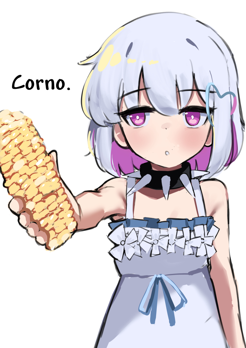 1girl absurdres collar colored_inner_hair corn corn_cob dohna_dohna_issho_ni_warui_koto_o_shiyou dress food highres holding holding_food iog626 jitome looking_at_viewer multicolored_hair parted_lips pink_eyes pink_hair porno_(dohna_dohna) sexually_suggestive short_hair simple_background solo spiked_collar spikes sundress two-tone_hair upper_body white_background white_dress white_hair