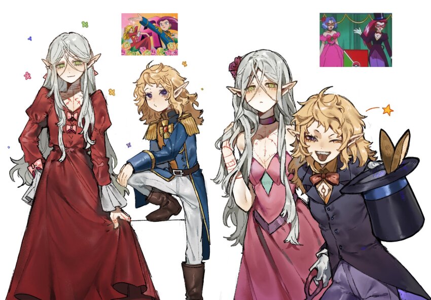 1boy 1girl ;d androgynous ankle_boots arm_tattoo belt black_jacket blonde_hair blue_jacket boots bow bowtie brown_footwear chest_tattoo choker collared_jacket cosplay cowboy_shot crossdressing dress dress_bow dungeon_meshi elf epaulettes fleki flower flower_symbol green_eyes grey_hair hair_down hair_flower hair_ornament hand_on_own_knee hand_up hat highres holding holding_unworn_clothes holding_unworn_hat jacket james_(pokemon) james_(pokemon)_(cosplay) jessie_(pokemon) jessie_(pokemon)_(cosplay) juliet_sleeves long_hair long_sleeves looking_at_viewer lycion medium_hair military_uniform multiple_views neck_tattoo notched_ear nova_1810 one_eye_closed open_mouth pants pink_dress pointy_ears puffy_sleeves purple_choker purple_eyes purple_pants rabbit red_bow red_bowtie red_dress reference_inset simple_background skirt_hold smile standing star_(symbol) strapless strapless_dress tattoo tongue tongue_out top_hat unworn_hat unworn_headwear white_background white_pants