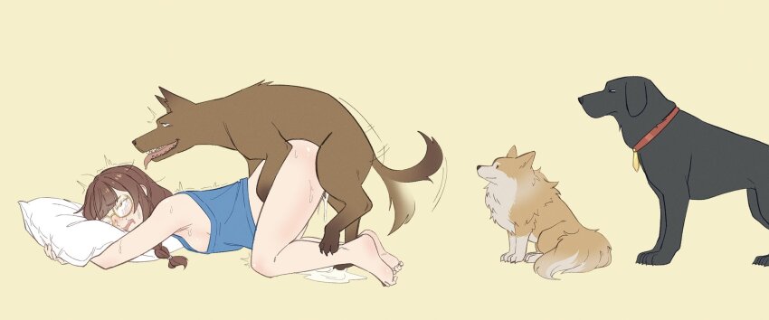 1girl afterimage bestiality blue_tank_top blush bottomless braid breasts brown_background brown_hair commentary cum cumdrip dog doggystyle english_commentary full_body glass highres hugging_object legs mole mole_above_mouth motion_lines original pillow pillow_hug realda_(vibrantrida) rolling_eyes sex sex_from_behind simple_background small_breasts soles tank_top toe_scrunch top-down_bottom-up vibrantrida