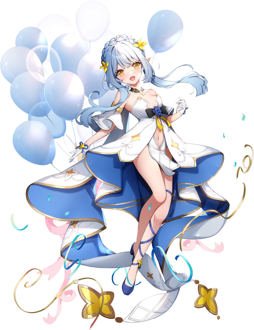 1girl :d balloon bare_legs bare_shoulders blue_flower blue_footwear blue_hair blue_rose blush braid breasts collarbone crown_braid dress eversoul floating flower full_body game_cg gloves hair_flower hair_ornament half_gloves highres jewelry looking_at_viewer midriff_peek navel non-web_source official_alternate_costume official_alternate_hairstyle official_art open_clothes open_mouth pelvic_curtain pink_ribbon pointy_ears ribbon rose short_hair sidelocks sleeveless small_breasts smile solo streamers tachi-e talia_(eversoul) transparent_background two-tone_dress white_dress white_gloves yellow_eyes yellow_flower yellow_ribbon
