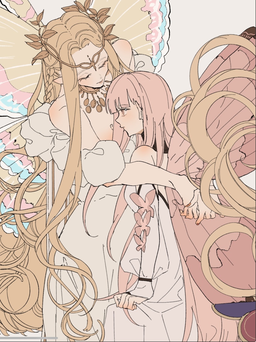 2girls aurora_(fate) blonde_hair blunt_bangs braid bug butterfly choker closed_eyes coral_(fate) crown dress facing_another fairy_wings fate/grand_order fate_(series) hands_on_another&#039;s_shoulders highres insect jewelry long_hair looking_to_the_side multicolored_wings multiple_girls necklace note_nii pink_butterfly pink_hair sidelocks very_long_hair white_dress wings
