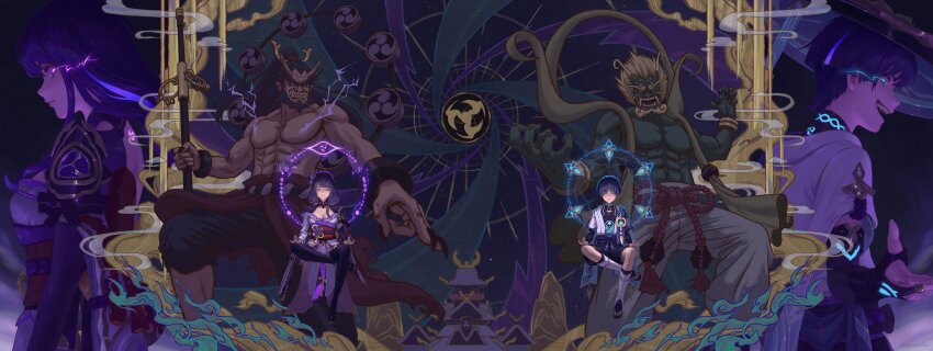1boy 1girl abs absurdres architecture arm_at_side armor beard belt black_belt black_bodysuit black_bow black_hair black_leggings black_nails black_pants black_rope black_sandals black_shorts black_shrug black_thighhighs blonde_hair blue_cape blue_halo blue_kimono blue_sleeves blunt_bangs blunt_ends bodysuit bow bracer breasts bridal_gauntlets brothers brown_sandals building cape chinese_knot cleavage clenched_teeth closed_eyes closed_mouth colored_skin curled_fingers east_asian_architecture electric_eyes electro_symbol_(genshin_impact) facial_hair facing_viewer fangs feathers fingernails floating flower furisode fuujin_(mythology) genshin_impact glowing_markings glowing_pupils gold_trim green_eyes green_skin hagoromo hair_flower hair_ornament hair_tie half_lotus_position halo halo_behind_head hands_on_own_thighs high_ponytail highres holding holding_polearm holding_weapon horns japanese_armor japanese_clothes japanese_mythology juban kimono kote kuri_kuriku kurokote large_breasts layered_sleeves leg_warmers leggings levitation lipgloss long_eyelashes long_hair looking_at_viewer low-braided_long_hair low-tied_long_hair magic_circle mitsudomoe_(shape) mother_and_son mudra muscular obi obiage obijime okobo open_clothes open_kimono outstretched_arms pants parted_bangs pectorals platform_sandals pointing pointing_down polearm pom_pom_(clothes) ponytail purple_bridal_gauntlets purple_flower purple_hair purple_halo purple_kimono purple_rope purple_sash purple_skin purple_sleeves raiden_shogun raijin_(mythology) red_eyes red_horns red_skin rope sandals sash scaramouche_(genshin_impact) shakujou sharp_fingernails shawl shimenawa shinto short_sleeves shorts shoulder_peek shrug_(clothing) siblings sidelocks single_sode smoke spread_arms staff swept_bangs tassel tassel_hair_ornament teeth thighhighs tomoe_(symbol) topless_male torn_clothes veins wanderer_(genshin_impact) weapon white_kimono white_leg_warmers white_pants white_rope white_sleeves wind yellow_feathers yellow_shawl zouri