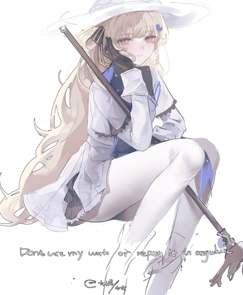 1girl absurdres black_gloves blonde_hair blue_eyes gloves hat highres long_hair pantyhose phoebe_(wuthering_waves) purple_eyes simple_background sitting smile solo white_background white_hat white_pantyhose wuthering_waves yao_kkkrrr
