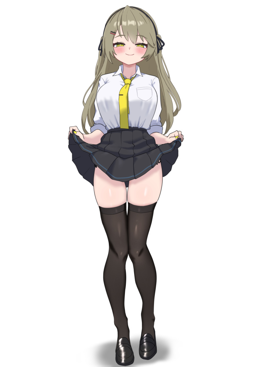 1girl alternate_costume black_hairband black_shoes black_skirt black_thighhighs blush breasts brown_hair closed_mouth collared_shirt commentary_request girls&#039;_frontline girls&#039;_frontline_2:_exilium green_eyes gyaru hairband highres kogal korean_commentary lainie_(girls&#039;_frontline_2) large_breasts loafers long_hair looking_at_viewer necktie oldsickkim panties pleated_skirt shirt shirt_tucked_in shoes side-tie_panties side-tie_peek simple_background skindentation skirt skirt_hold smile solo thighhighs thighs ump40_(girls&#039;_frontline) underwear white_background white_shirt yellow_necktie zettai_ryouiki